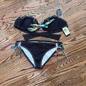 Guess NWT medium bandeau bikini denim print floral tie removable halter $94